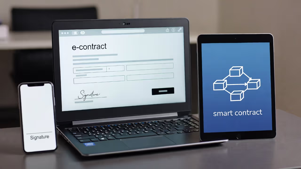 E-contract, digital signature, and smart contract concepts shown across devices.