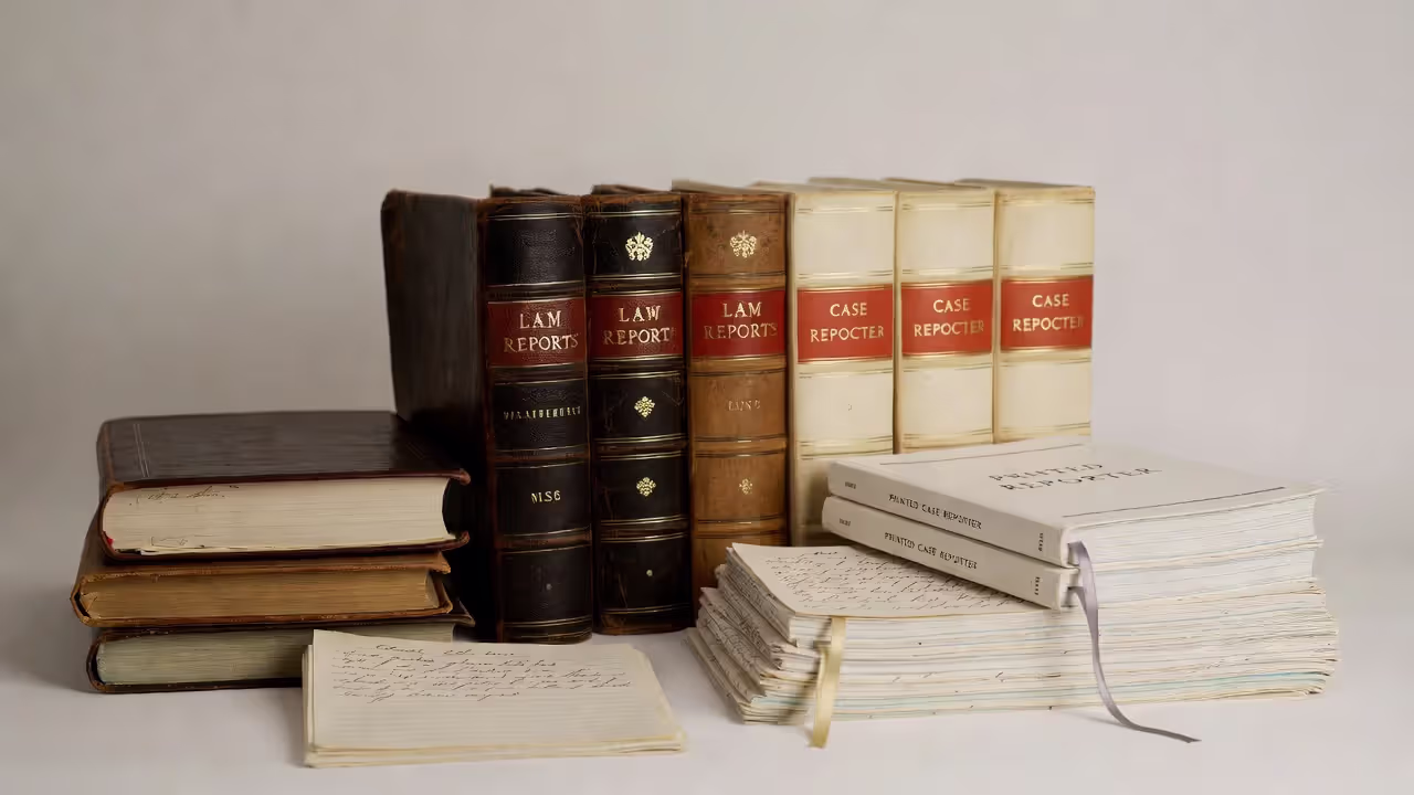 Historical law reports and modern case reporter books placed side by side.