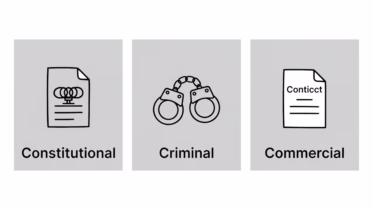 Icons showing precedent’s role in constitutional, criminal, and commercial law.