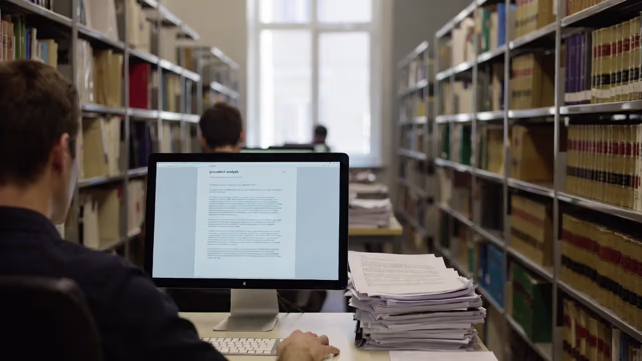 Legal professional reviewing precedent analysis on a computer screen with printed opinions nearby.
