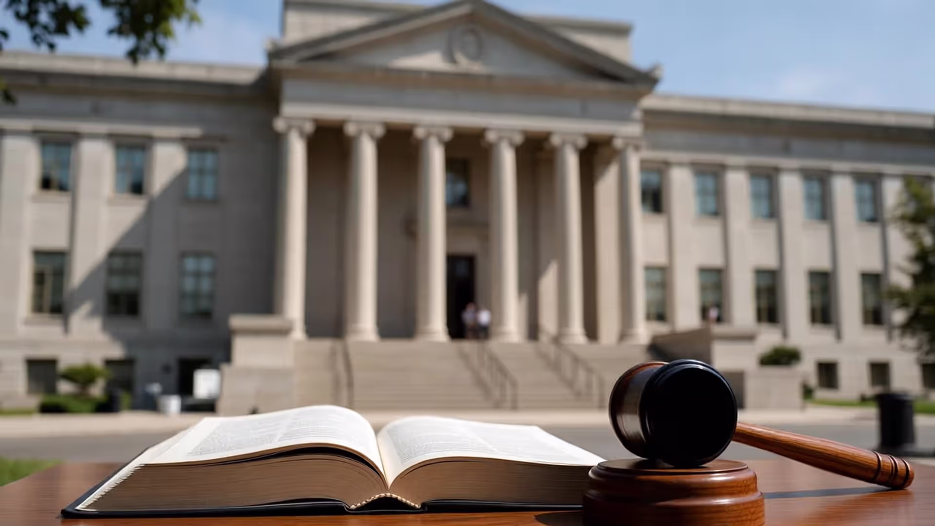 Courthouse exterior with an open case law book and a gavel in the foreground.