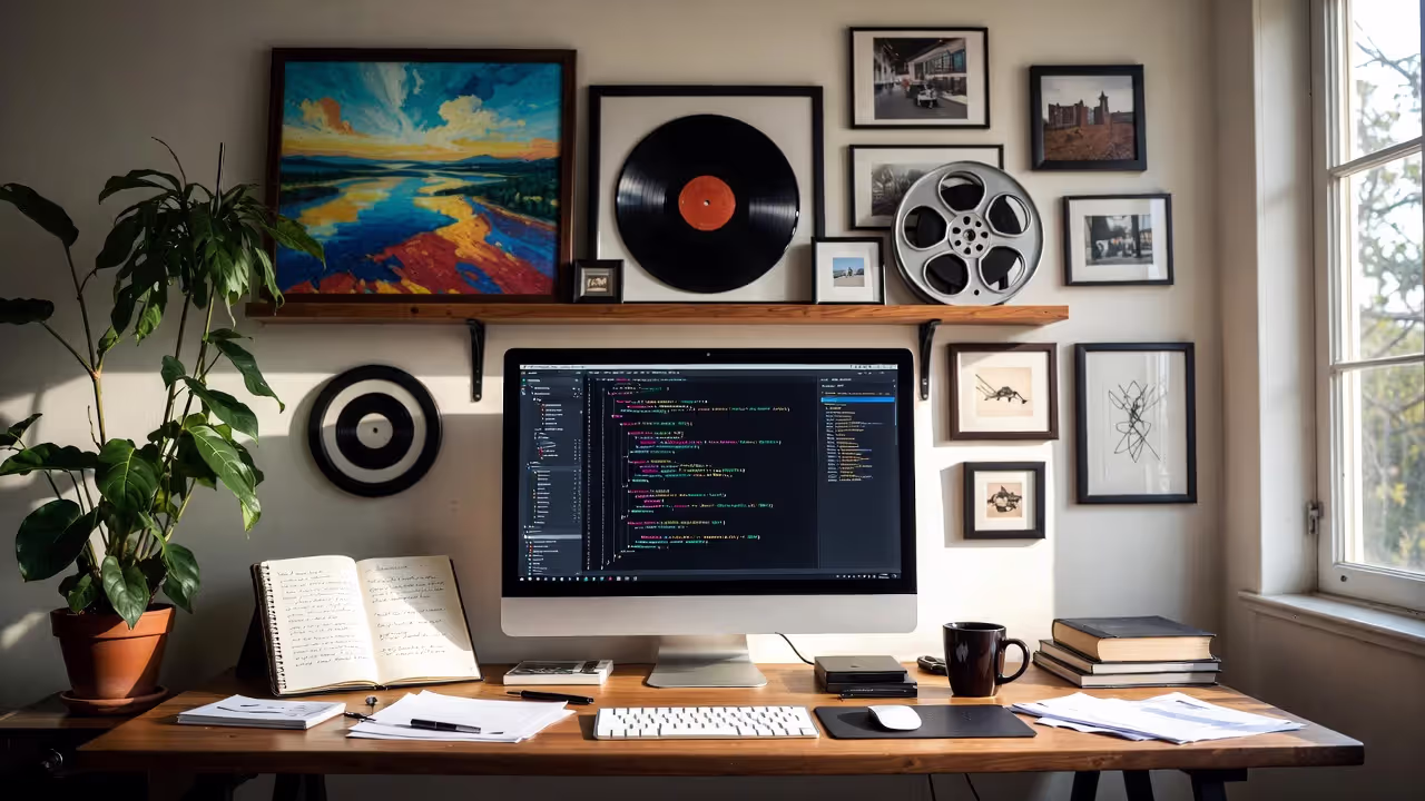 Creator workspace showing examples of works protected by copyright: writing, music, film, and software.