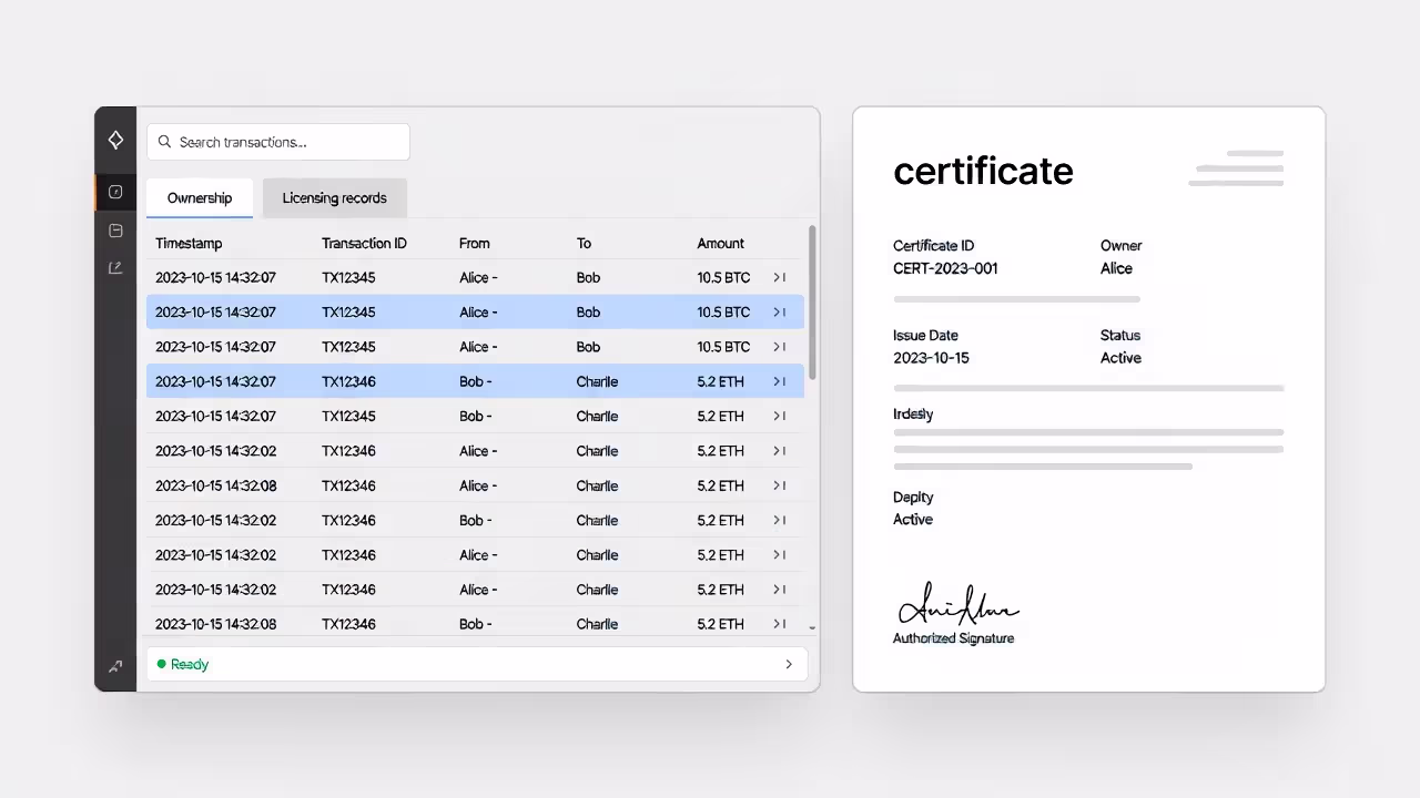 Blockchain ledger entries showing timestamps for ownership and licensing records.