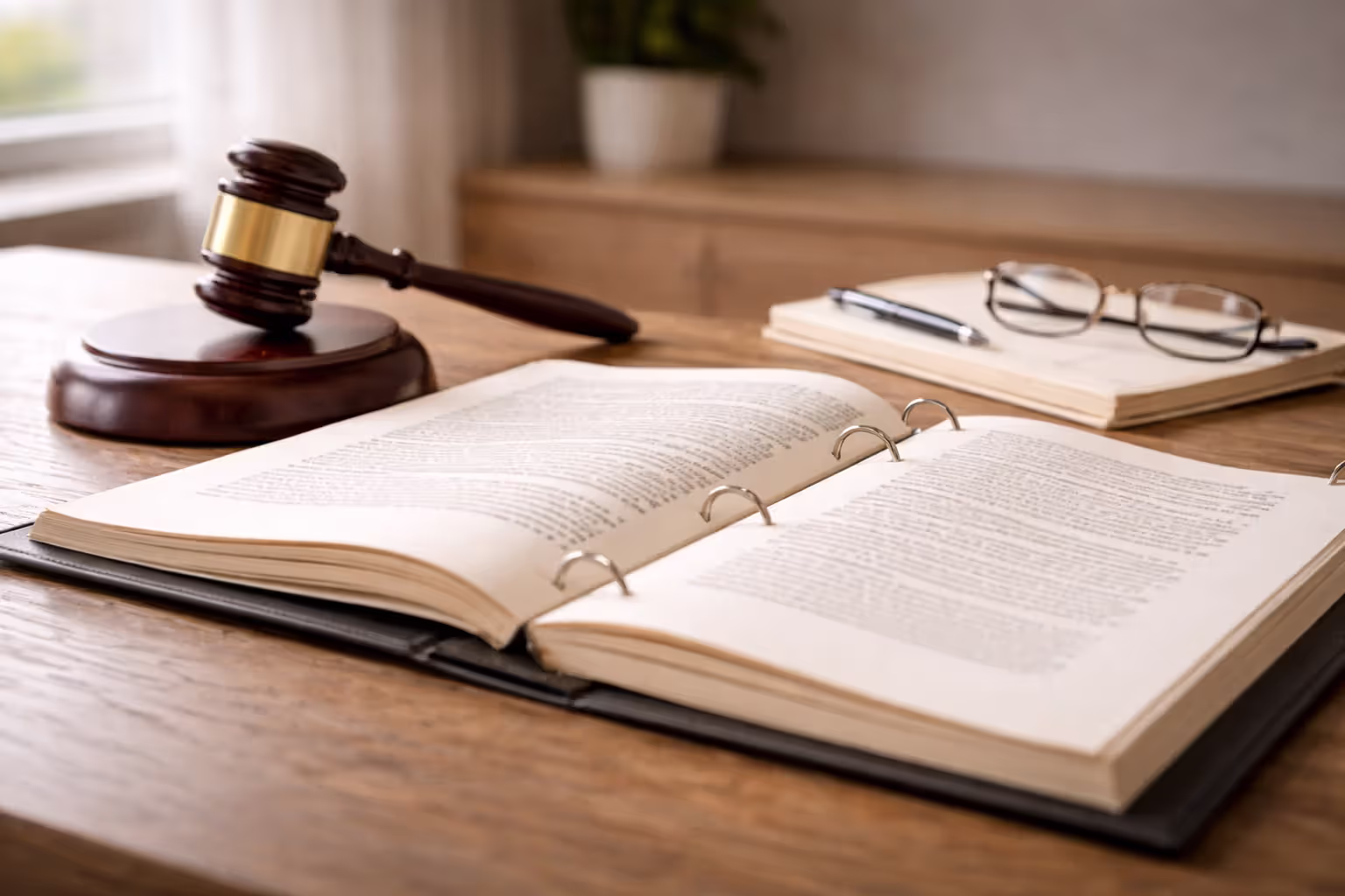 Judge’s gavel beside legal documents on a desk in a neutral setting.