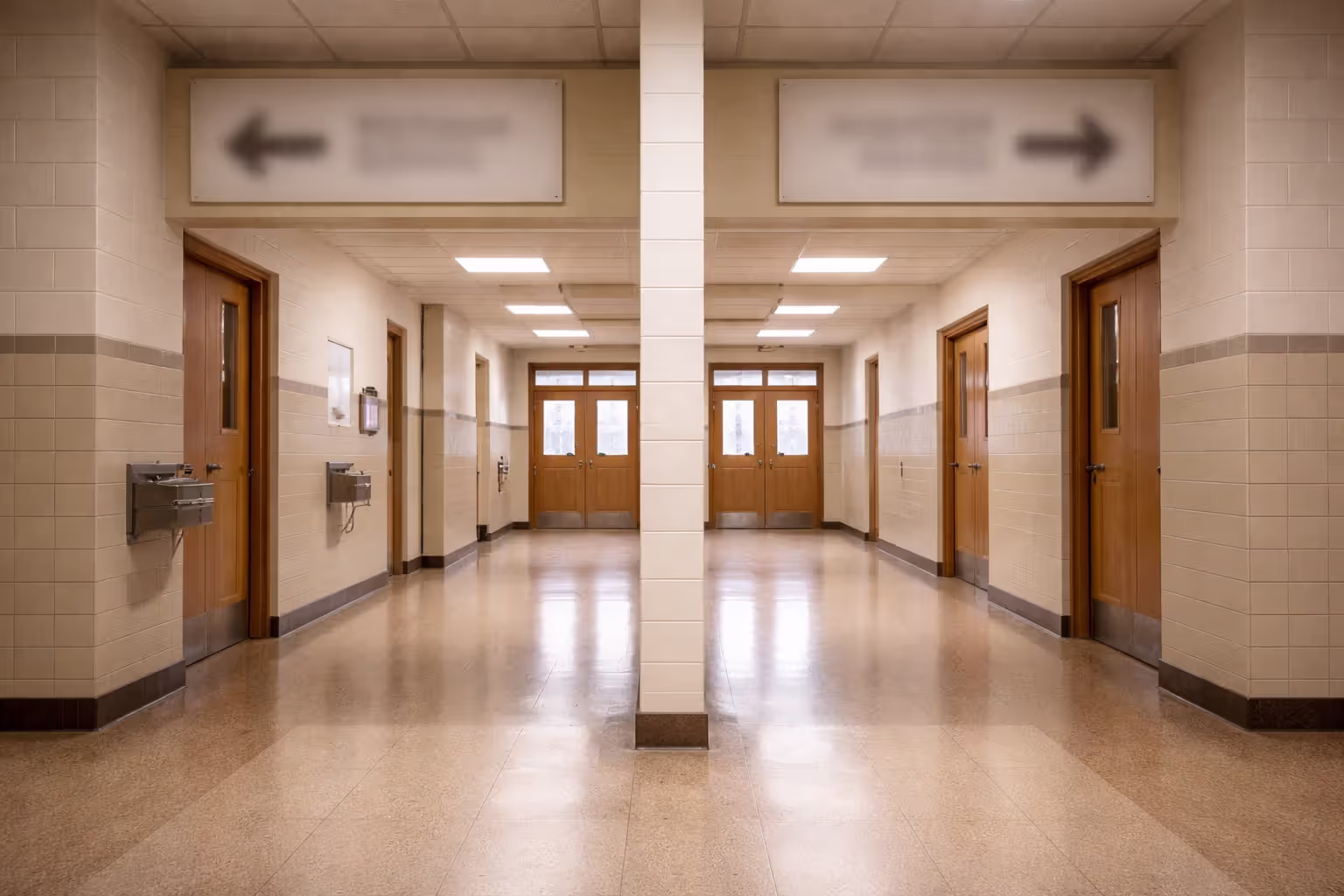 Empty school hallway with two separate entrances suggesting segregation, no readable text.