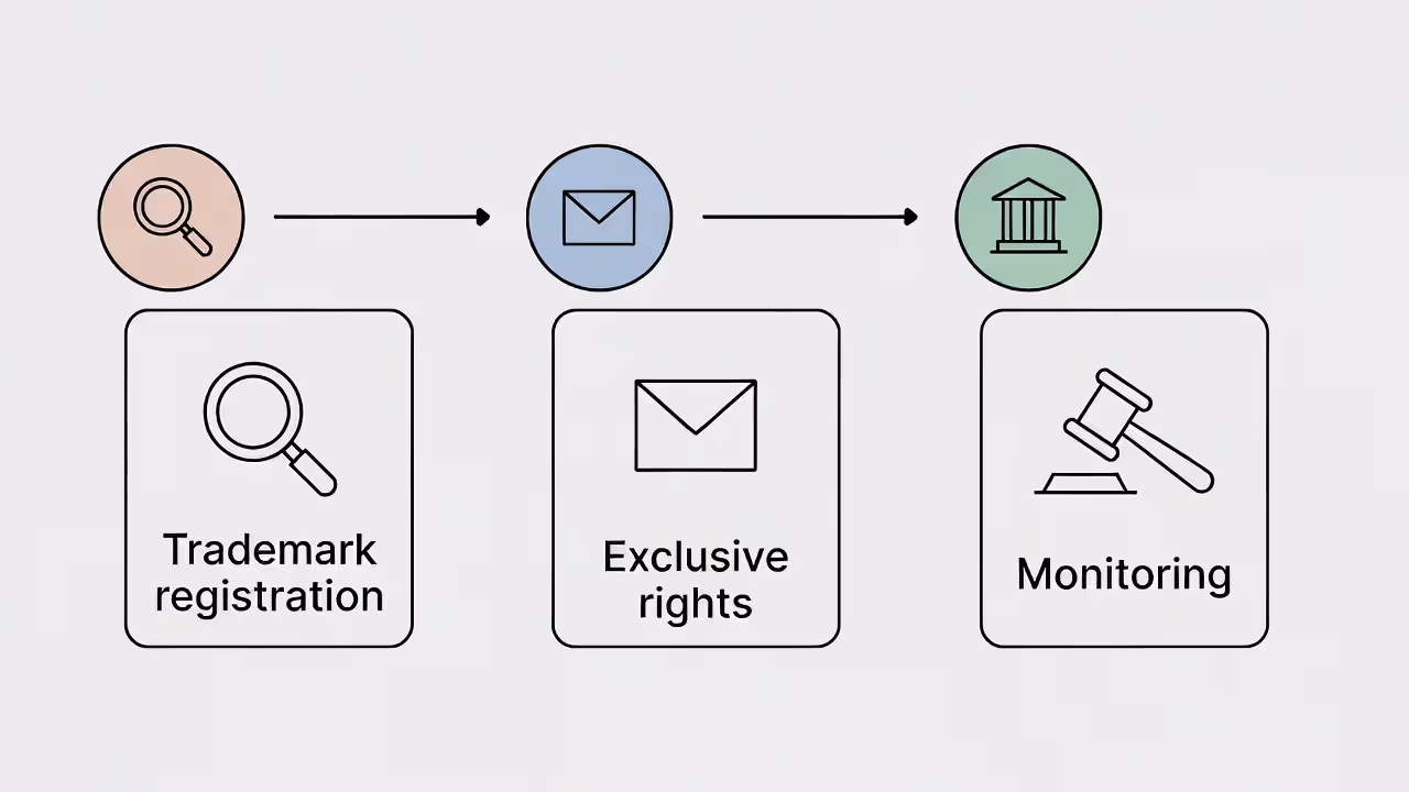 Flowchart showing trademark registration leading to monitoring and enforcement options.