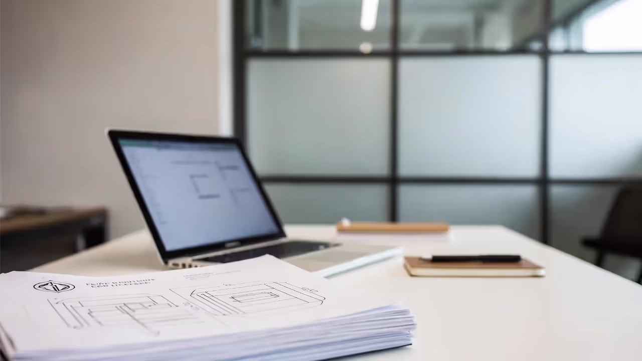 Laptop and patent-style diagrams on desk in modern office setting