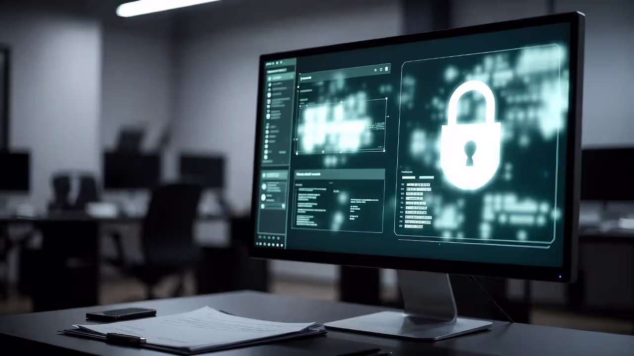 Computer screen with blurred cybersecurity interface in corporate office