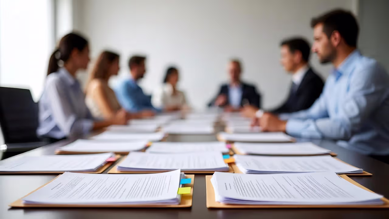 Law firm meeting room with attorneys reviewing case files