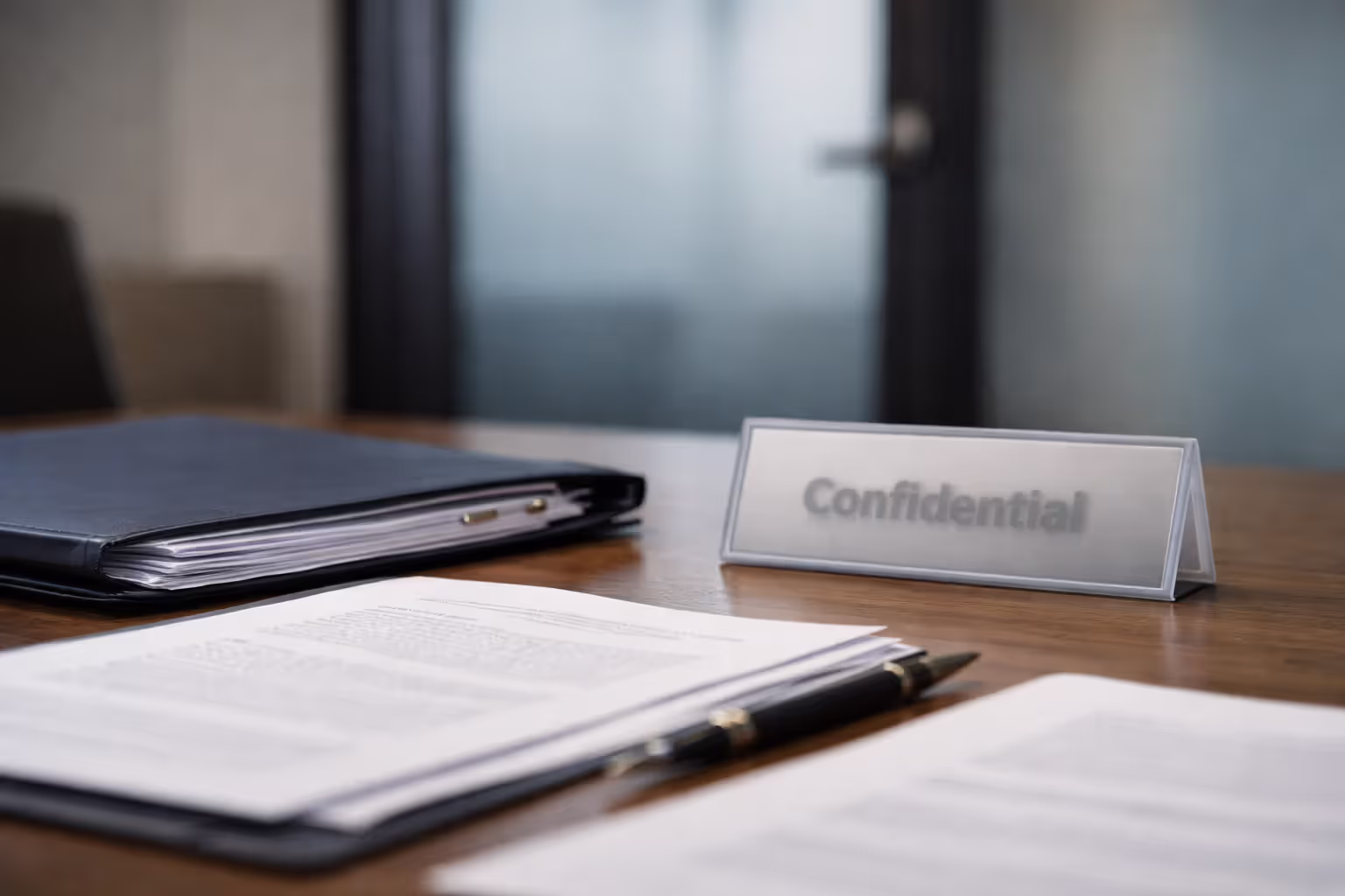 Close-up of confidential arbitration documents on a desk with blurred confidentiality label.