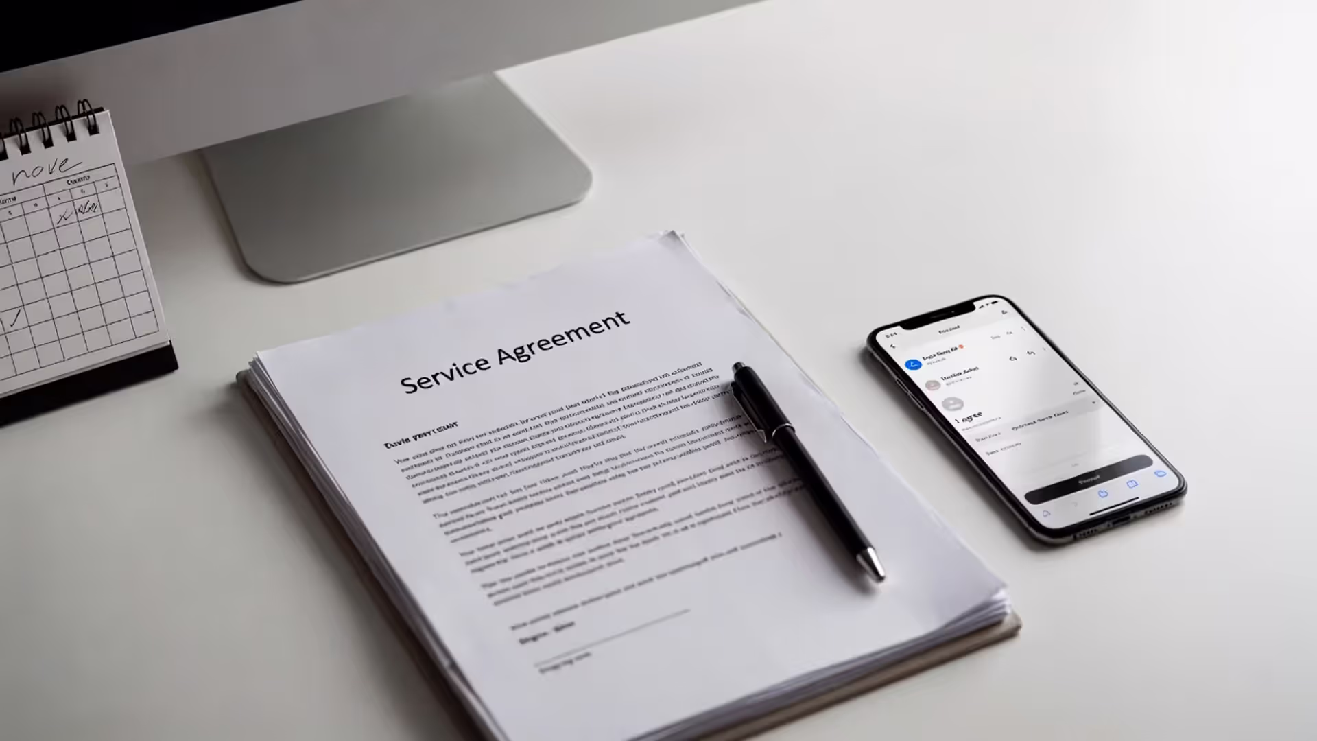 Desk with a generic service agreement, pen, and a phone showing an “I agree” email reply