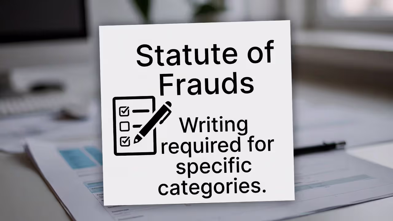 Graphic introducing the Statute of Frauds as a writing requirement for certain contracts.