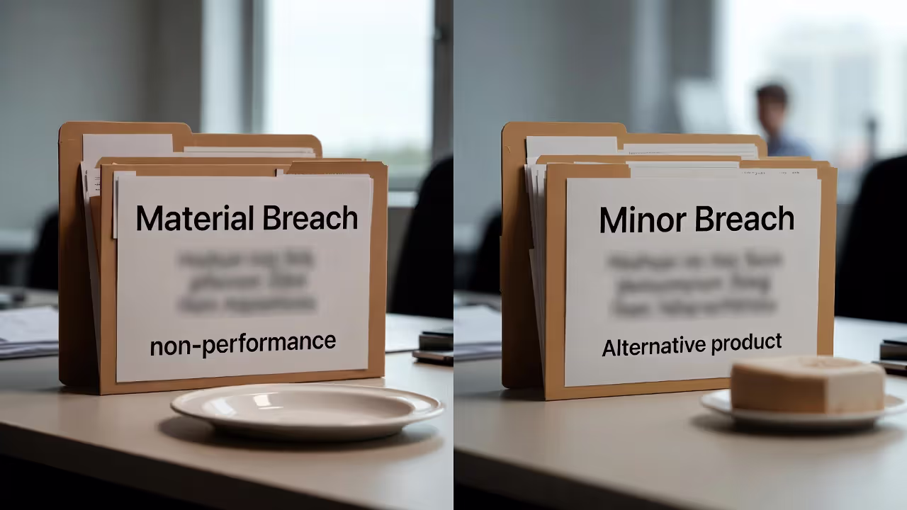 Two folders labeled material and minor breach on a desk illustrating contract violation types