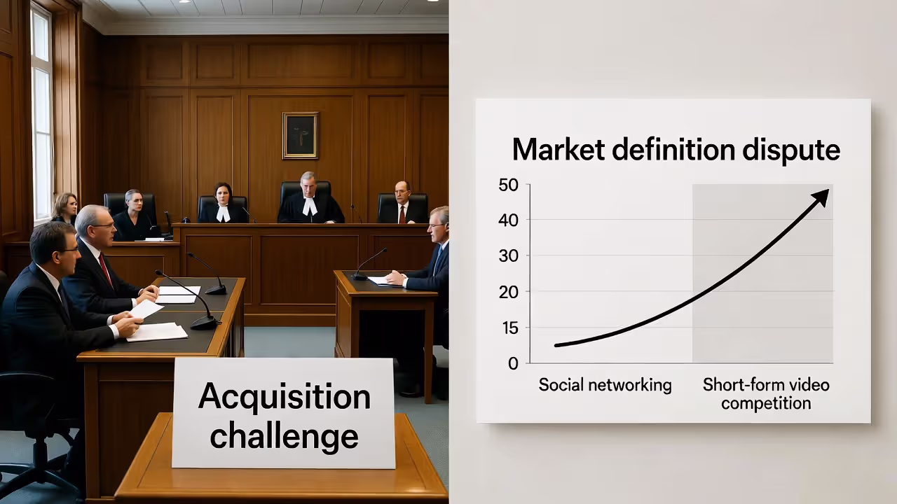 Courtroom scene with a simple chart showing disagreement over the relevant market in a social media case.