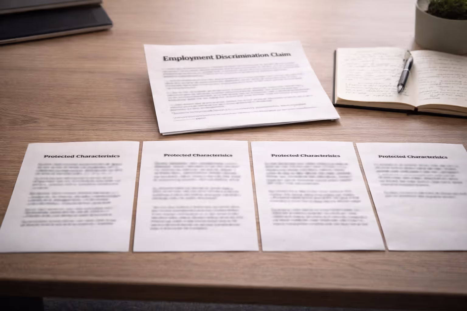 Documents representing protected classes and discrimination claim on lawyer’s desk