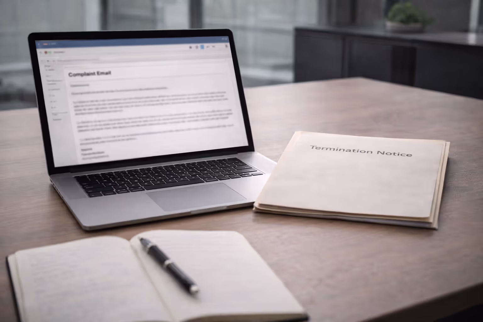 Complaint email and termination notice on office desk symbolizing retaliation