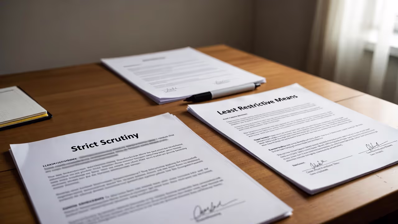 Legal desk with documents labeled Strict Scrutiny and Least Restrictive Means