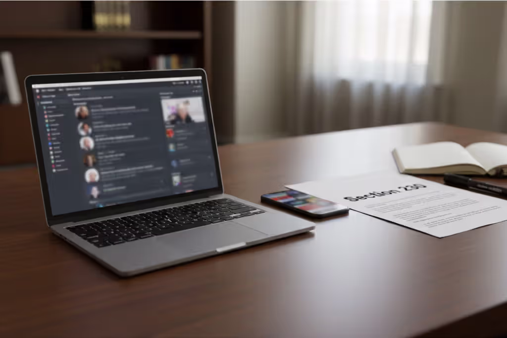 Laptop and phone with blurred social media interface next to a Section 230 document