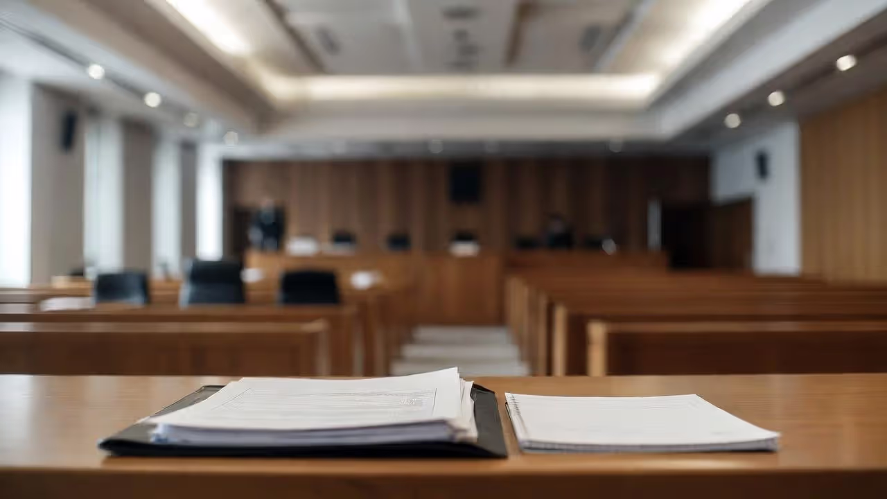 Courtroom interior with a desk holding blurred legal documents and a notebook