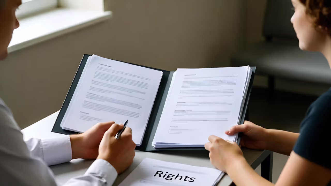 Attorney and client meeting at a table with blurred case documents in a courthouse setting