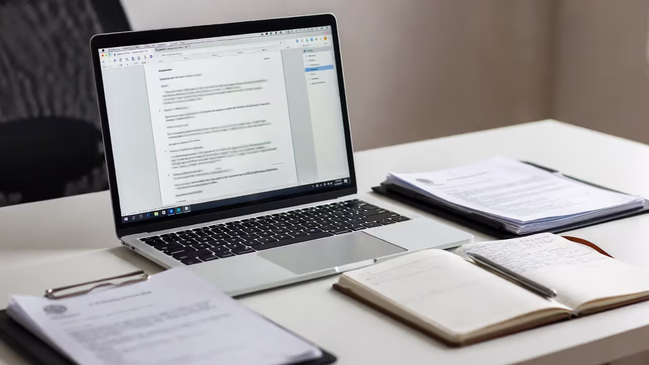 Laptop and trademark application documents on a desk, illustrating brand clearance and legal review process.