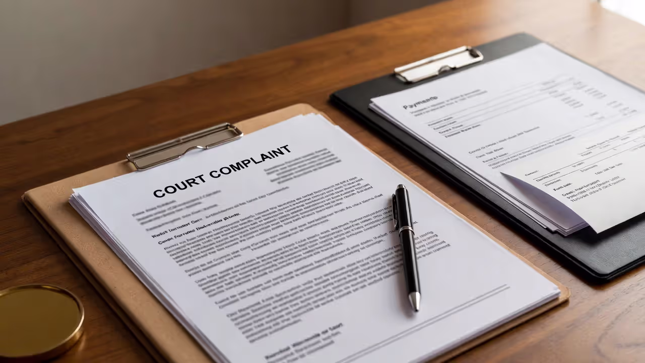 Printed court complaint document on a desk with pen and folder