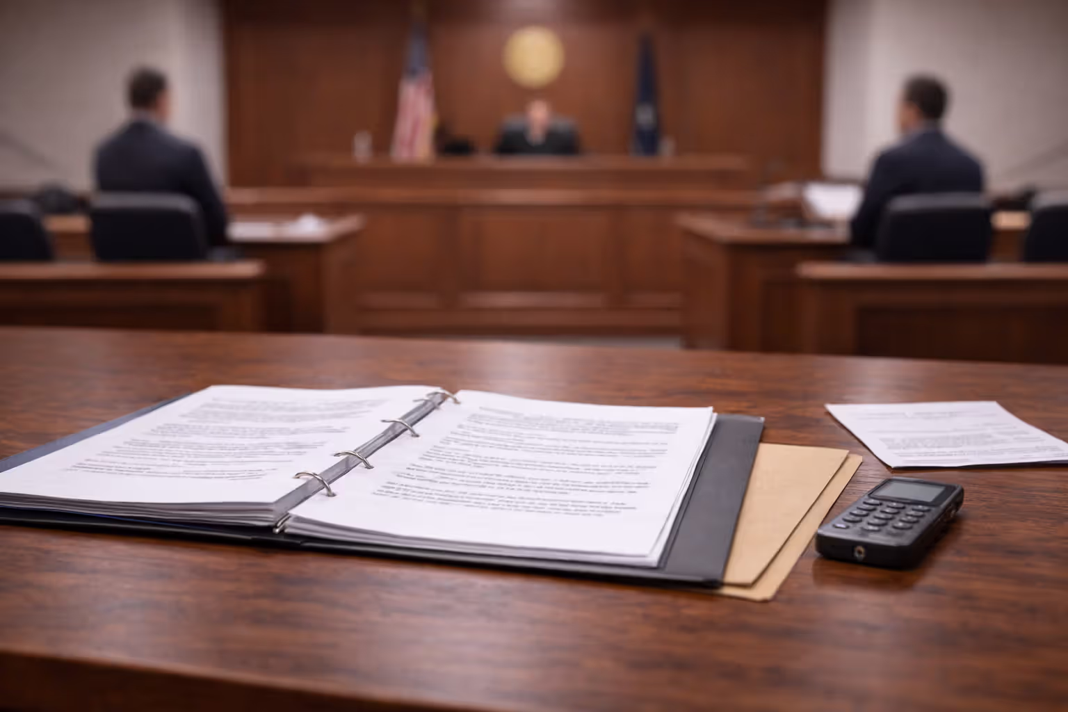 Courtroom scene with open legal file on table and participants blurred in background