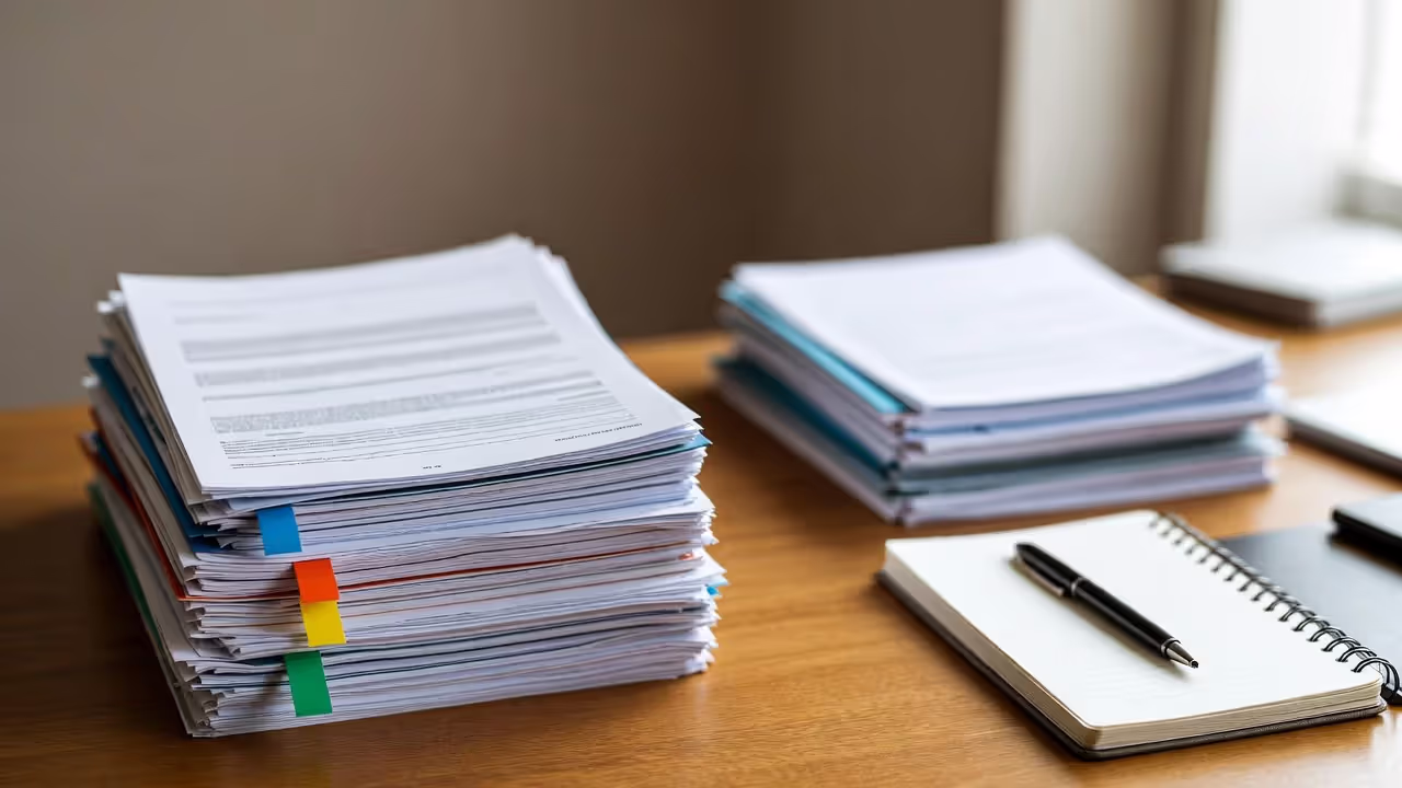 Two stacks of legal documents on a desk symbolizing binding and persuasive precedent