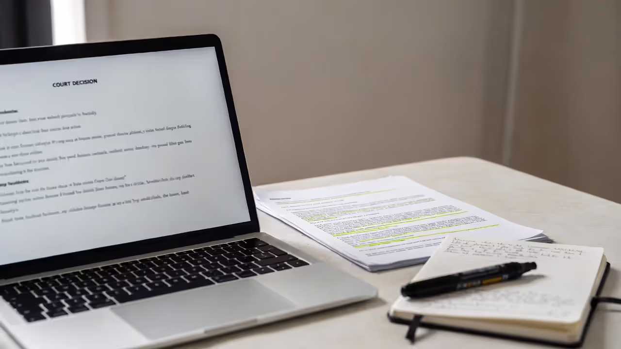 Lawyer reviewing a court opinion on a laptop with highlighted printed case materials on the desk