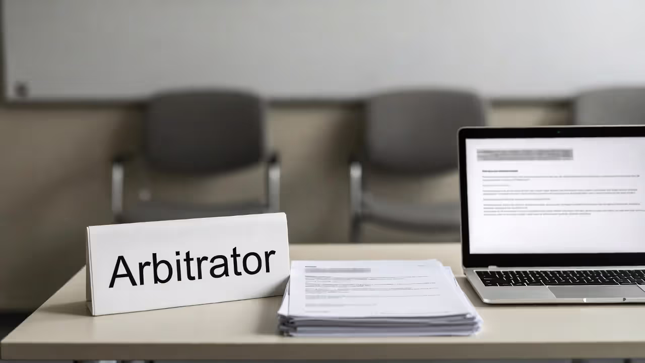 “Arbitration hearing setup with a blurred ‘arbitrator’ sign, exhibits, and a laptop showing a blurred document.”