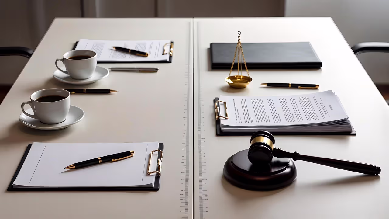 “Split tabletop composition contrasting a negotiation setup with a more formal arbitration-style document setup.”