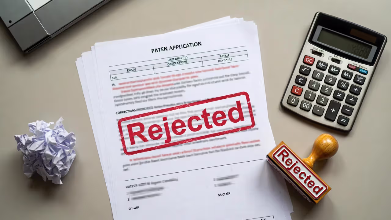 Patent application documents with red corrections and a blurred rejection stamp on desk