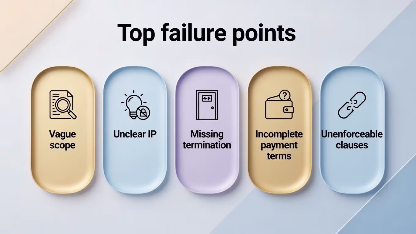Infographic of common consulting contract mistakes that cause disputes or unenforceability