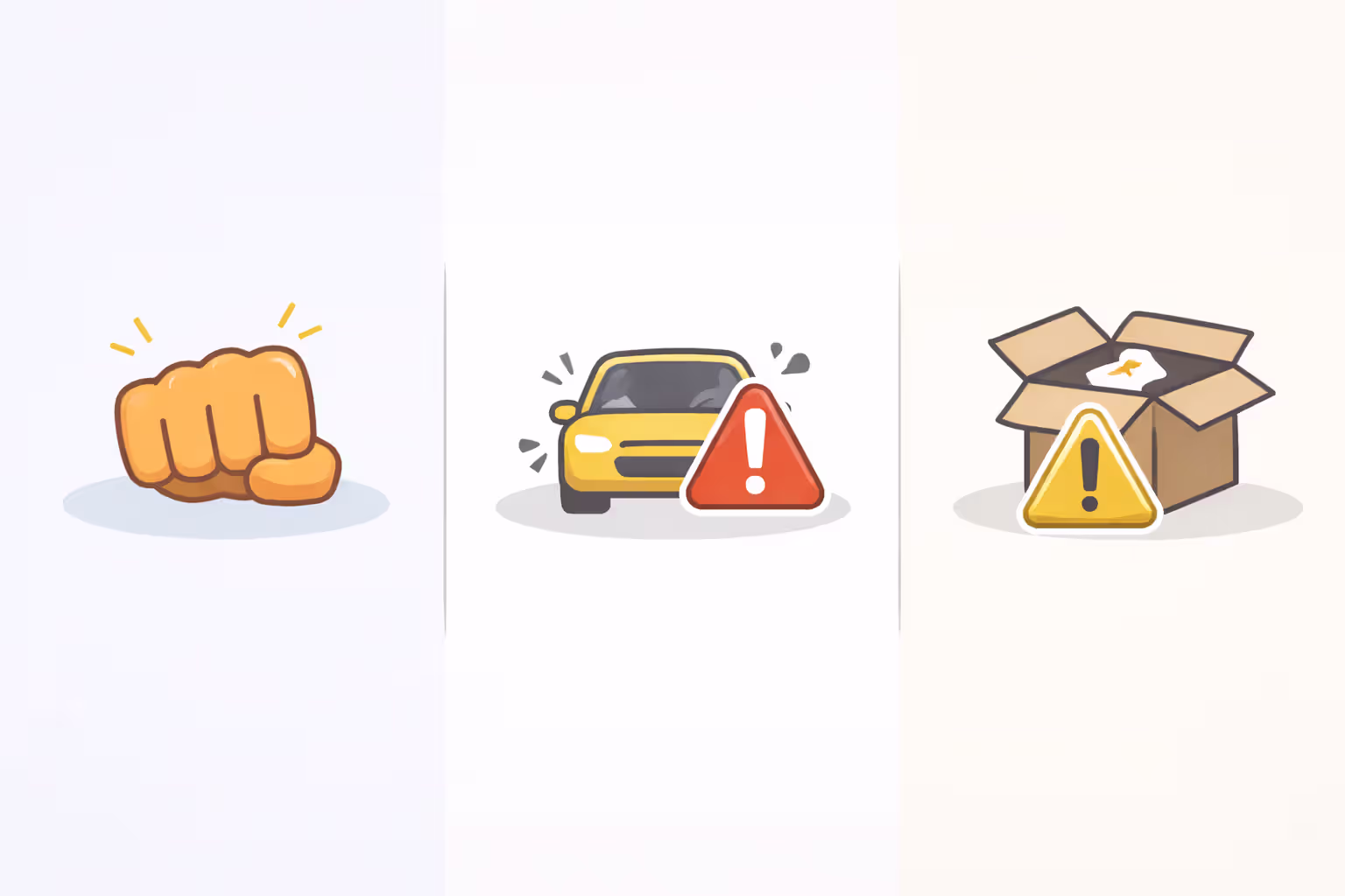 Visual comparison of intentional tort, negligence, and strict liability using simple icons