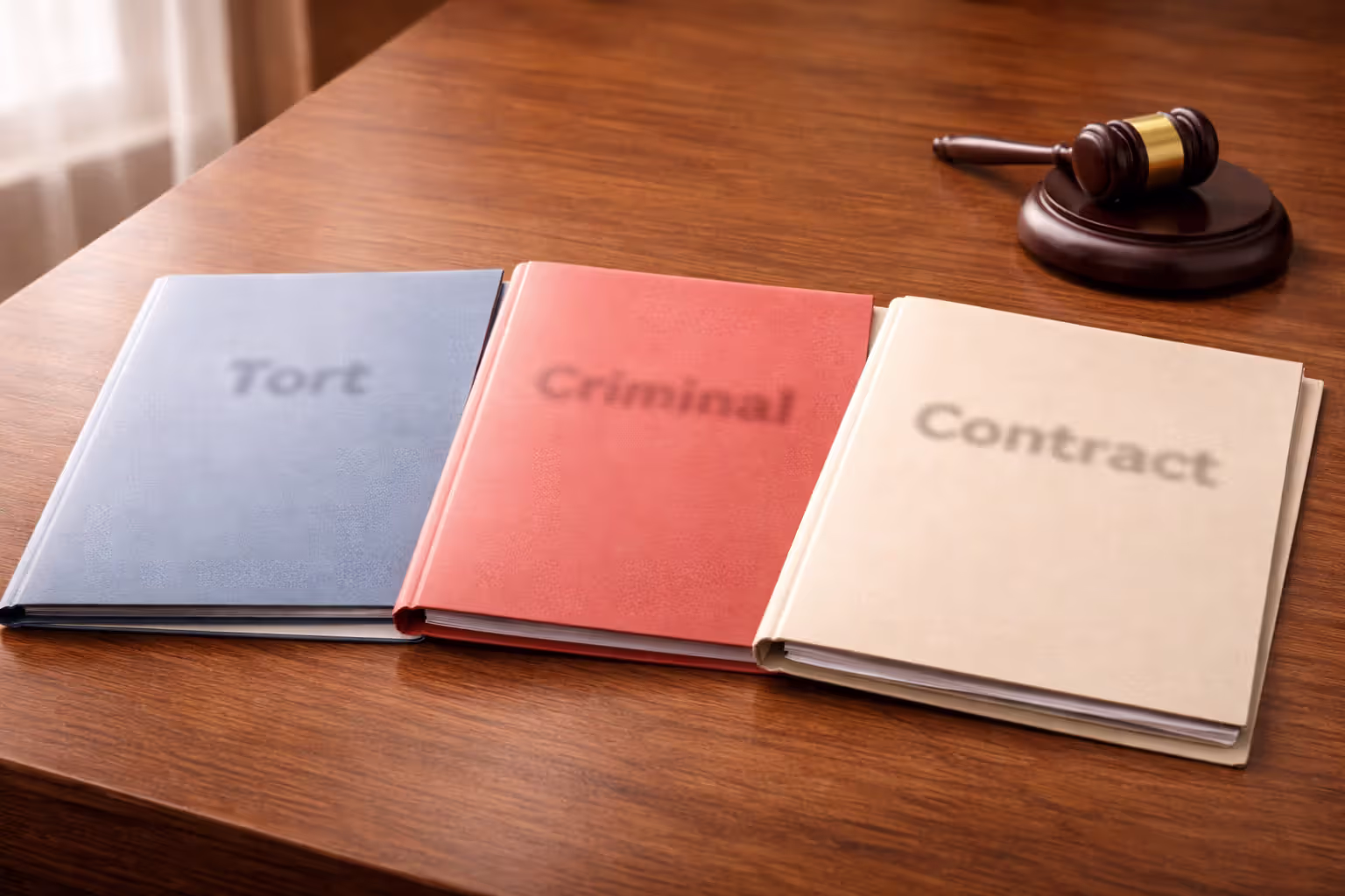 Three legal categories represented by separate folders and a judge’s gavel
