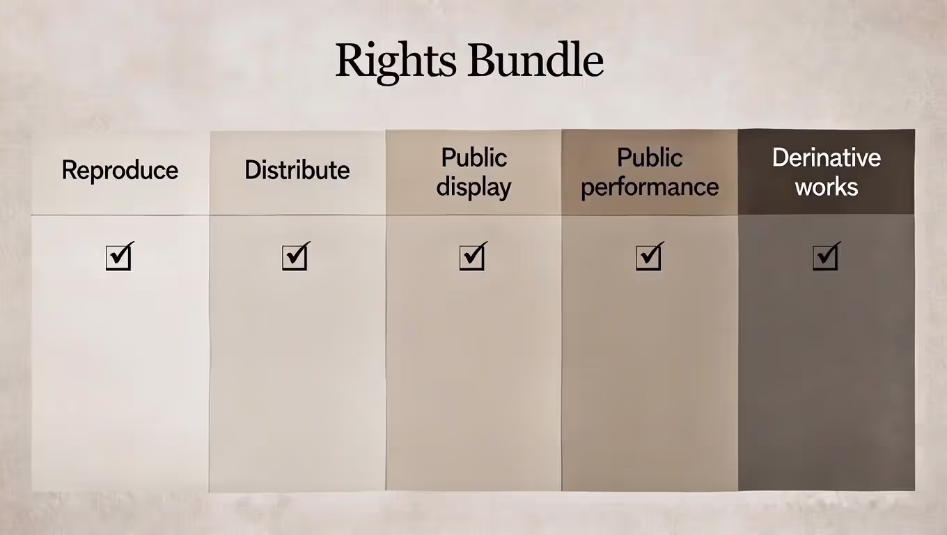 Graphic showing the bundle of copyright rights and which rights are granted
