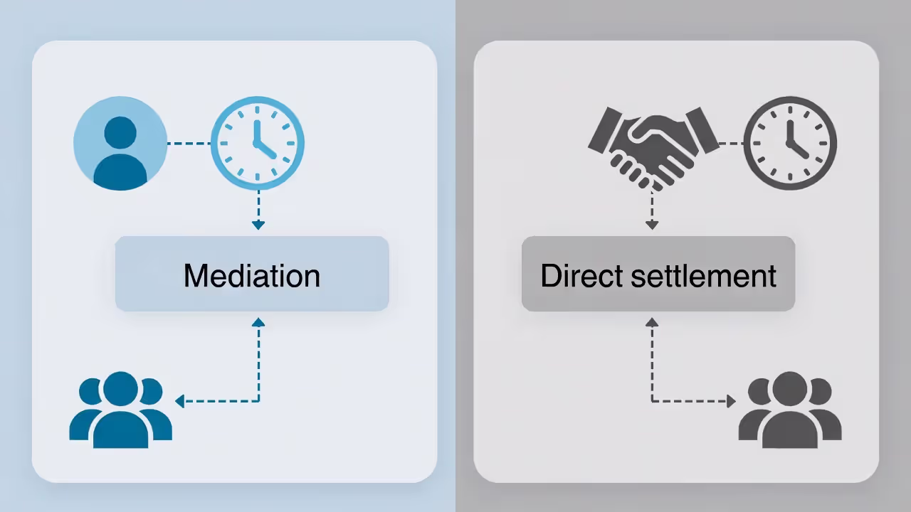 Side-by-side diagram comparing mediation versus direct settlement negotiation