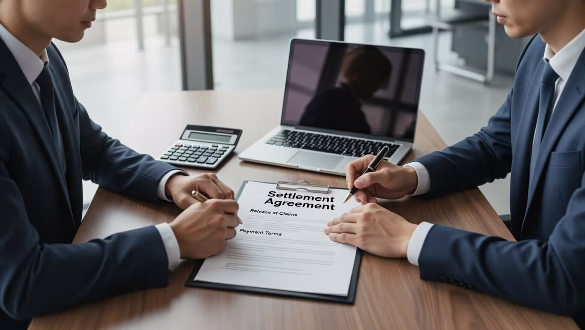 Two people signing a settlement agreement with payment terms and release section visible